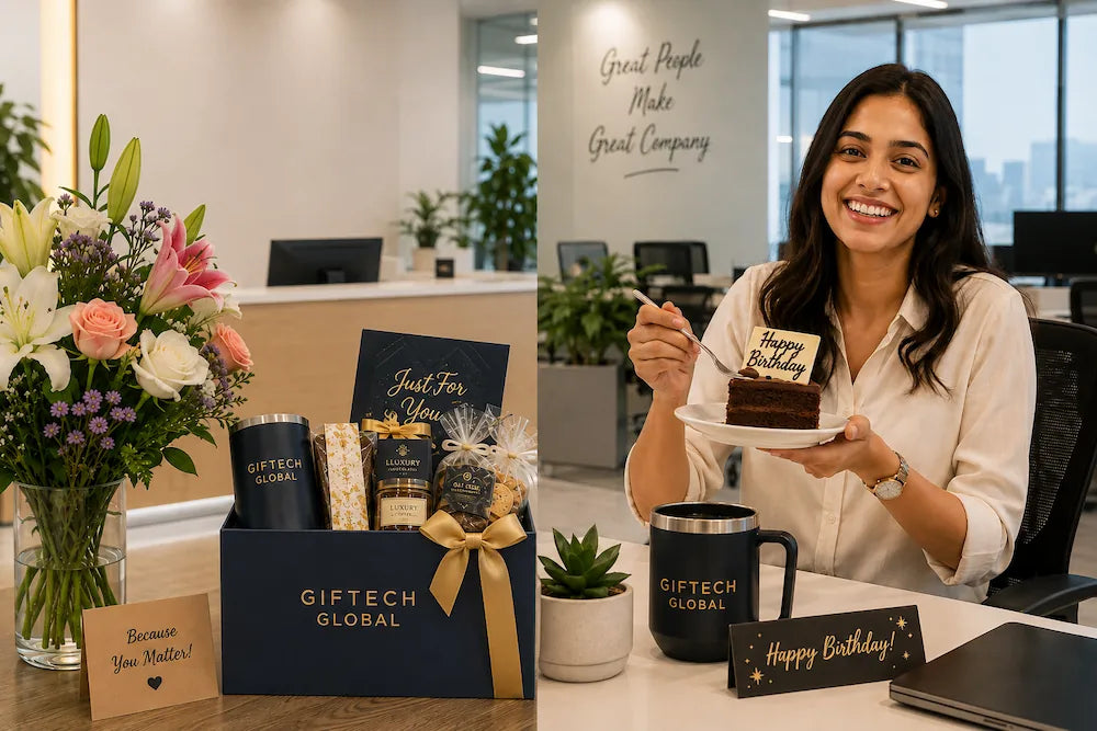 A happy employee celebrating a birthday with a cake at their desk and a professional flower arrangement in a modern office reception area, representing automated corporate gifting.
