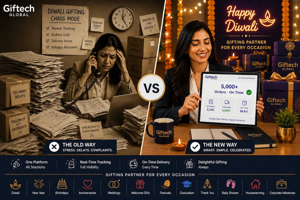 A split image contrasting a stressed HR manager with messy spreadsheets against a smiling HR manager using a modern tablet to manage 5,000+ corporate Diwali gifts efficiently through Giftech Global.