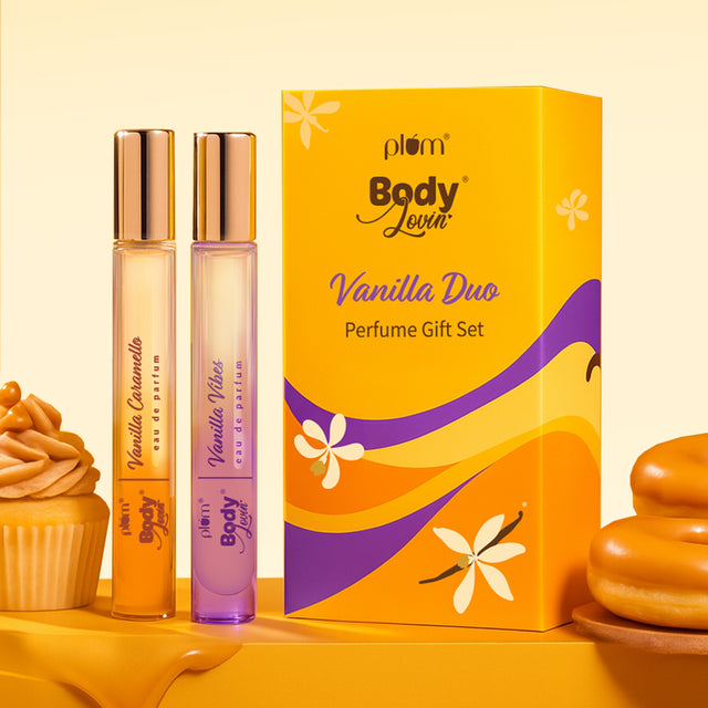 Set of 2 Vanilla Duo Perfume Gift Set with Vanilla Caramello and Vanilla Vibes body mists in 15ml bottles, ideal for gifting and personal use.