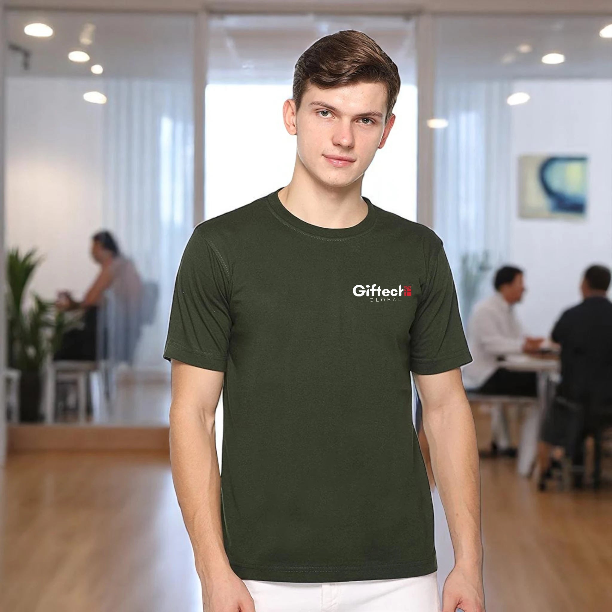 Premium Bio-wash Round Neck T-shirt with Logo Bottle Green