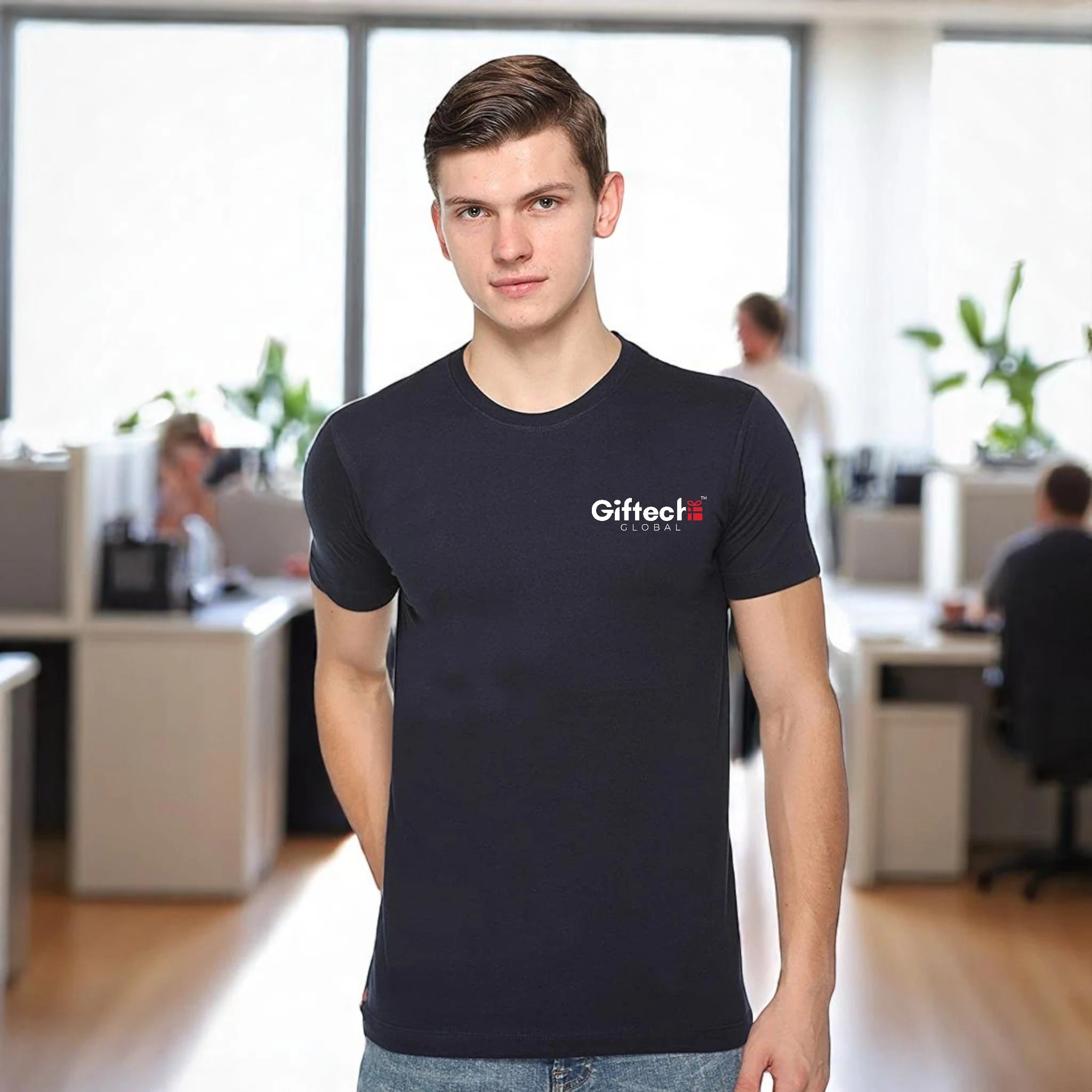 Premium Bio-wash Round Neck T-shirt with Logo Navy Blue