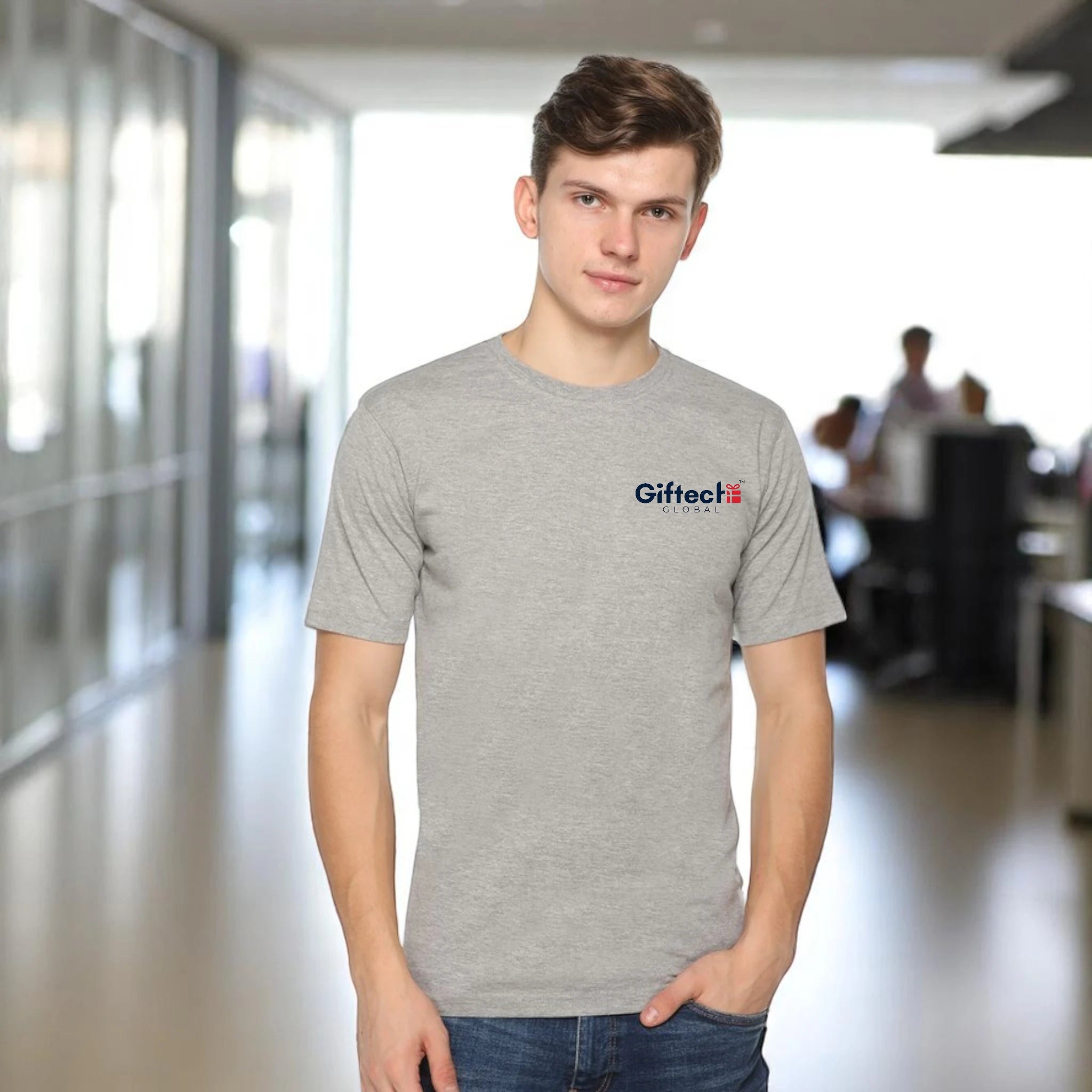 Premium Bio-wash Round Neck T-shirt with Logo Grey Melange