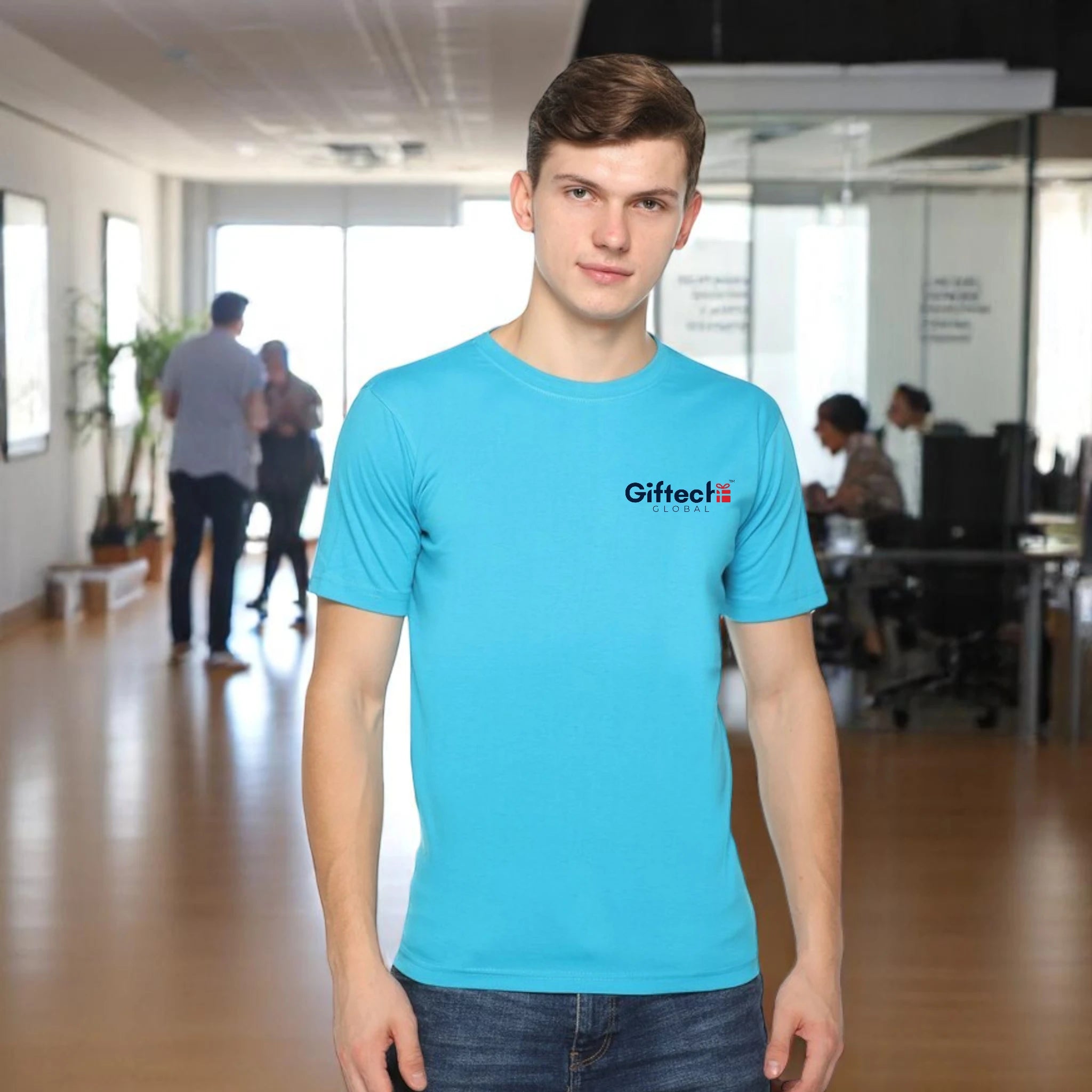 Premium Bio-wash Round Neck T-shirt with Logo Aqua Blue