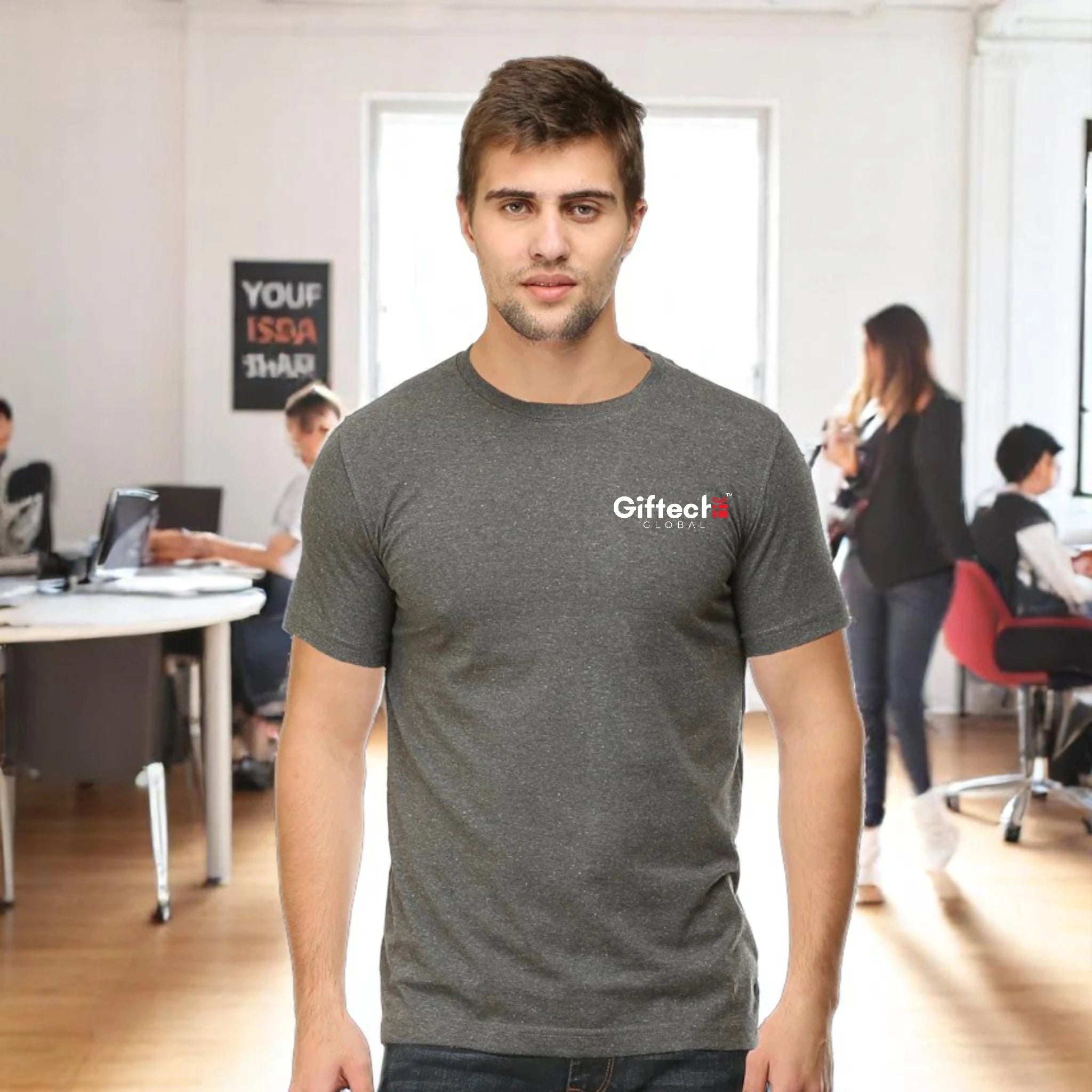 Premium Bio-wash Round Neck T-shirt with Logo Charcoal Melange