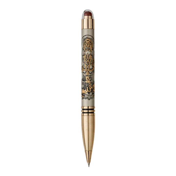 Decorative pen with gold and silver design on a white background