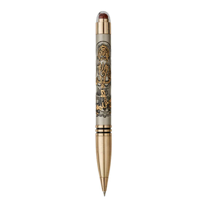 Decorative pen with gold and silver design on a white background