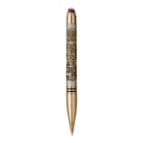 Decorative pen with gold and silver design on a white background