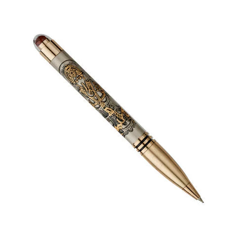 Decorative pen with gold and silver design on a white background