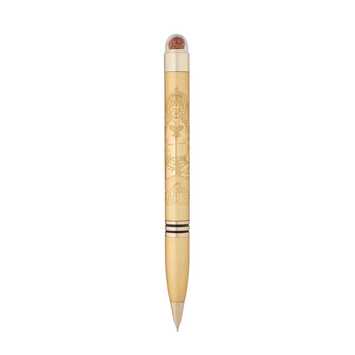 Gold pen with decorative elements on a white background