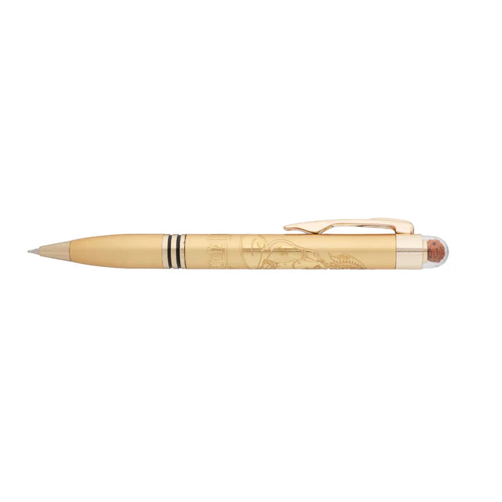 Gold pen with decorative elements on a white background
