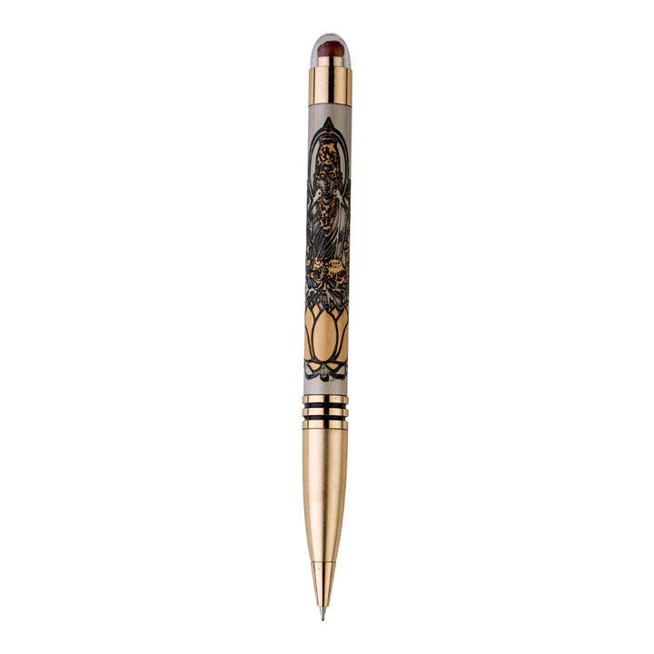 Drill bit with black and silver spiral design on a white background
