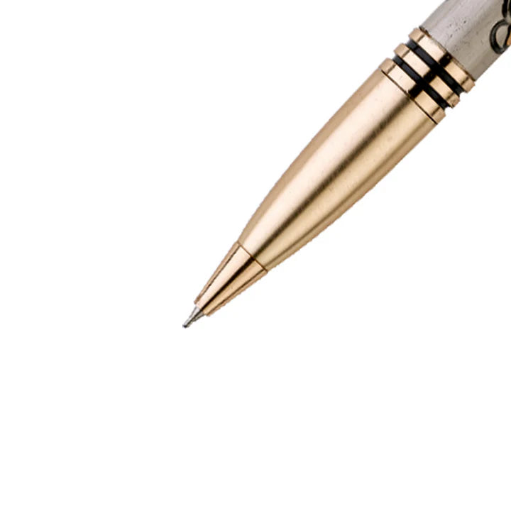 Gold pen with a white and black patterned grip on a white background