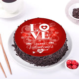 Chocolate Truffle Valentine Cake with red heart-themed frosting and 'LOVE Happy Valentine's Day' message, perfect for romantic celebrations.