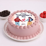 Valentine Chocolate Cream Cake - Valentine's Day Cakes Online featuring pink frosting and a romantic couple design, perfect for gifting loved ones.