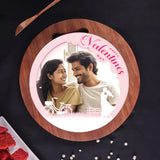 Valentine Red Velvet Photo Cake with vanilla cream frosting, round shape, and romantic couple photo design for special occasions.