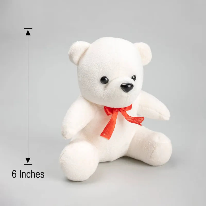6-inch white teddy bear with red ribbon, included in the Wonderful Pink Roses Display gift combo for celebrations and special moments.