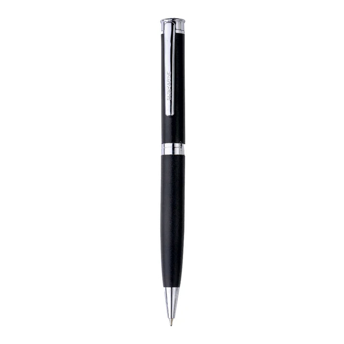 Black pen with silver accents on a white background