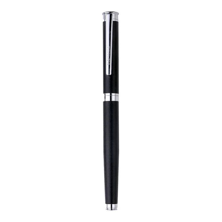 Black pen with silver accents on a white background