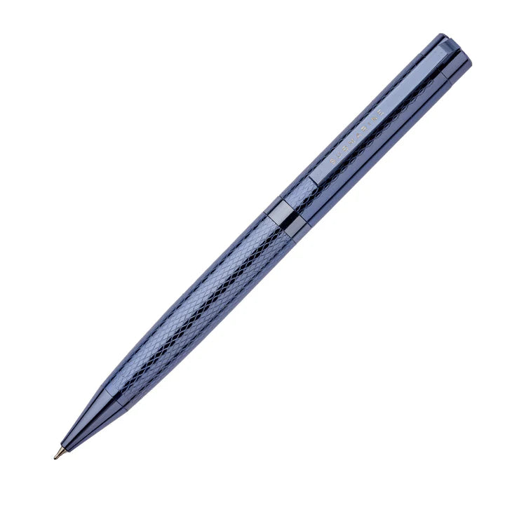 Blue pen with a metallic finish on a white background