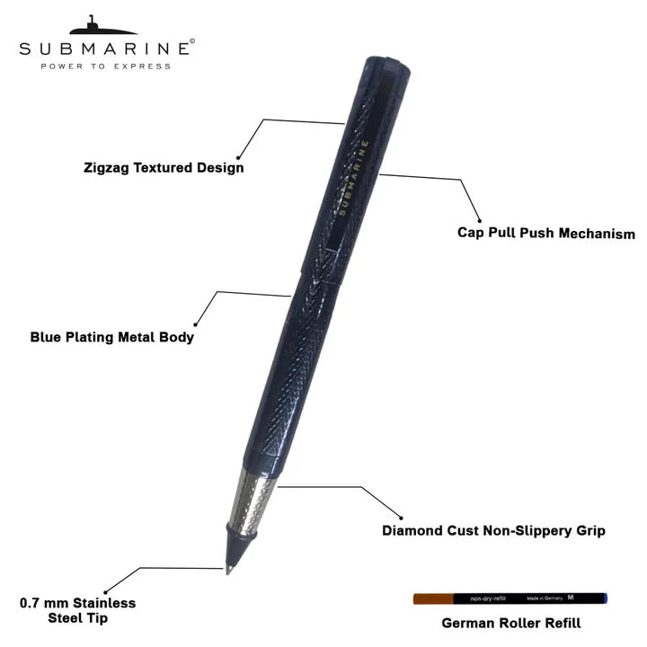 Pen with labeled features on a white background, featuring the brand 'Submarine'.