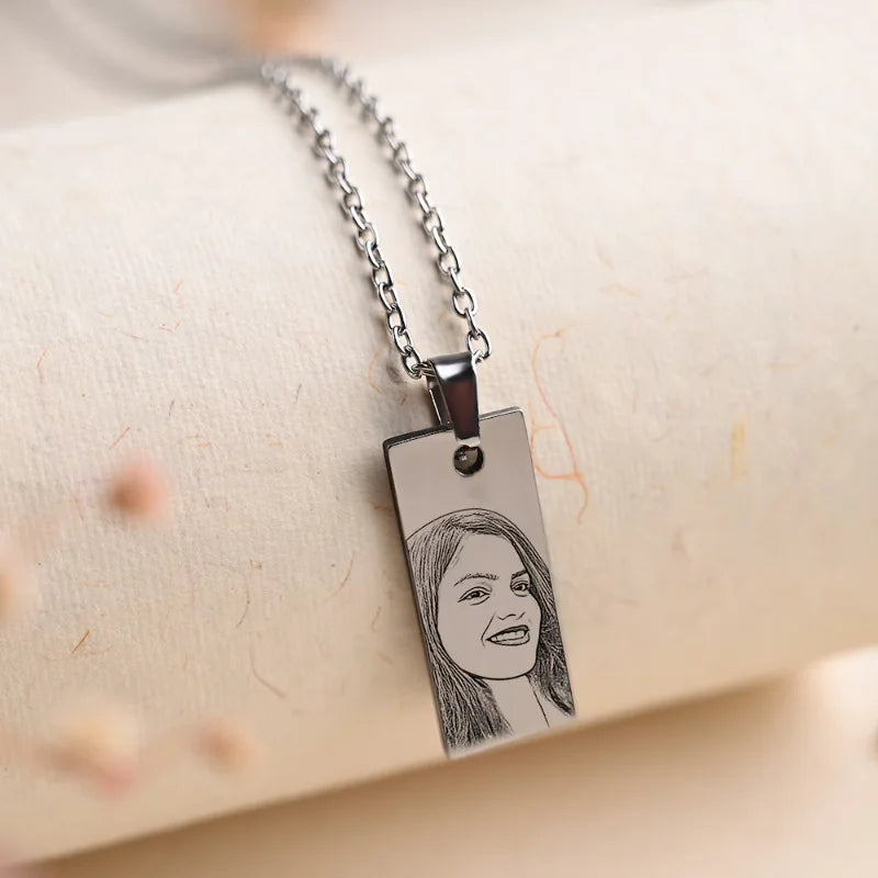 Enduring Love Personalized Valentines Pendant|Stainless Steel Necklace featuring custom engraved portrait on a 3x1.1 cm rectangular pendant. Ideal for Valentine’s Day gifting.