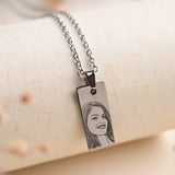 Enduring Love Personalized Valentines Pendant|Stainless Steel Necklace featuring custom engraved portrait on a 3x1.1 cm rectangular pendant. Ideal for Valentine’s Day gifting.