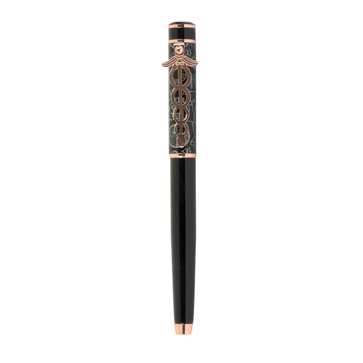 Decorative pen with black and rose gold design on a white background