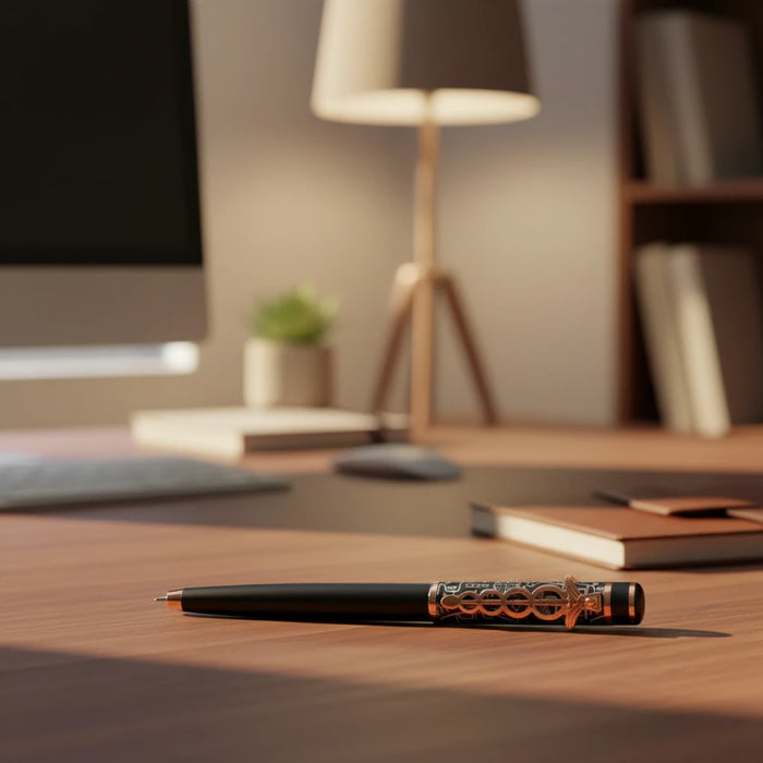 Decorative pen with black and rose gold design on a white background