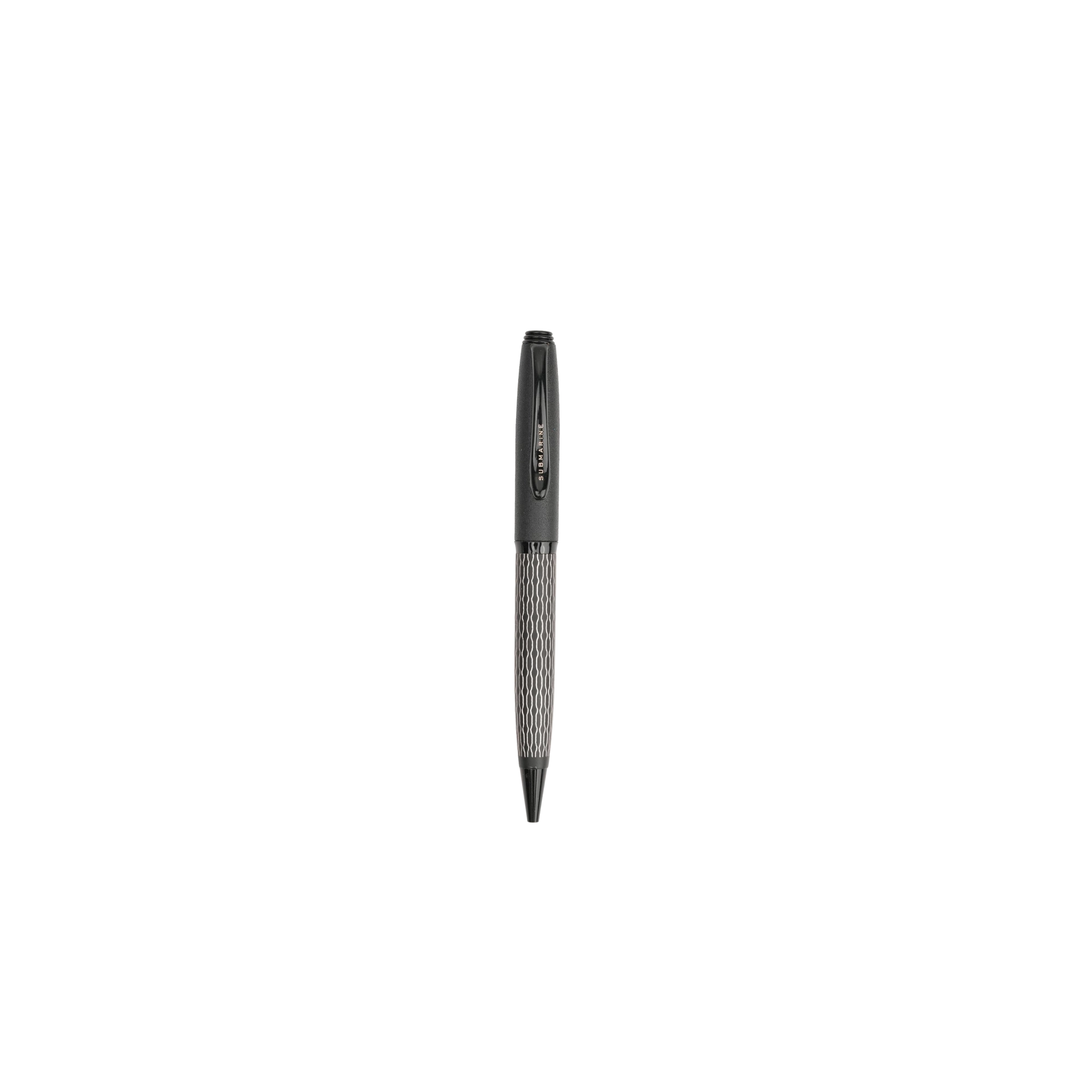 Black pen with textured grip on a white background