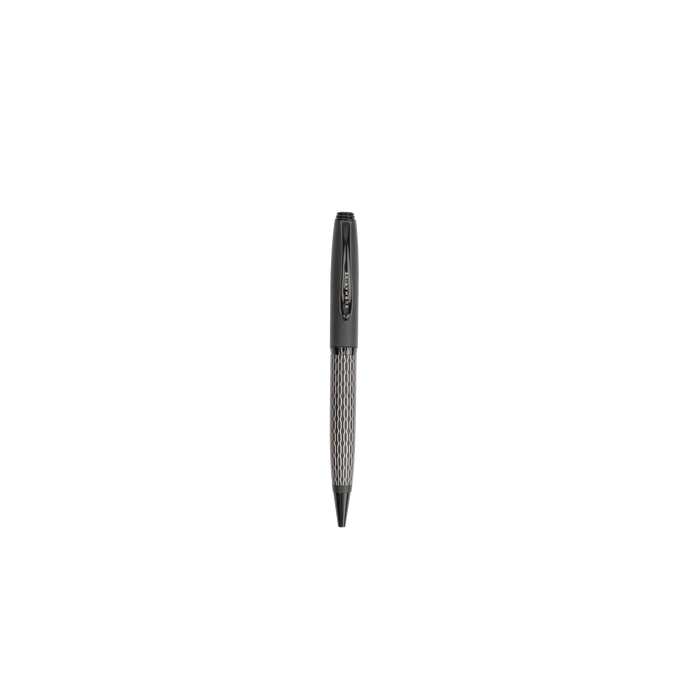 Black pen with textured grip on a white background