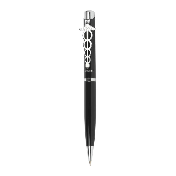 Black pen with silver accents on a white background