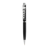 Black pen with silver accents on a white background