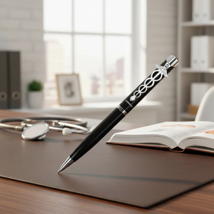 Black pen with decorative elements on a white background