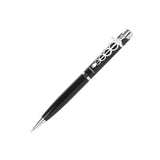 Black pen with decorative elements on a white background