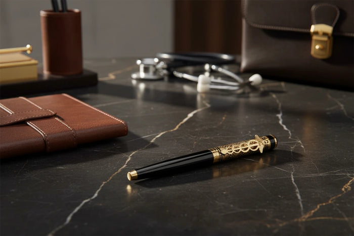 Decorative pen with black and gold design on a white background
