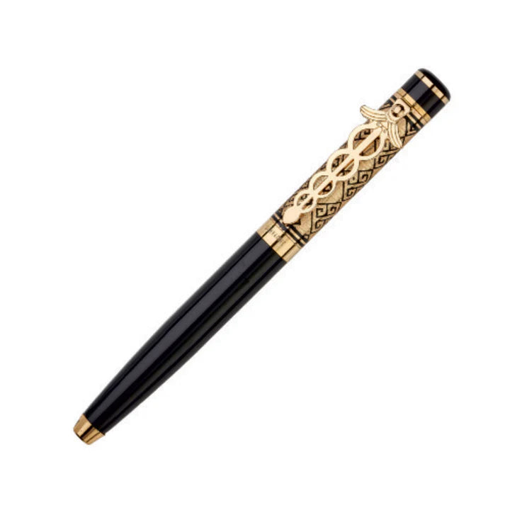 Decorative pen with black and gold design on a white background