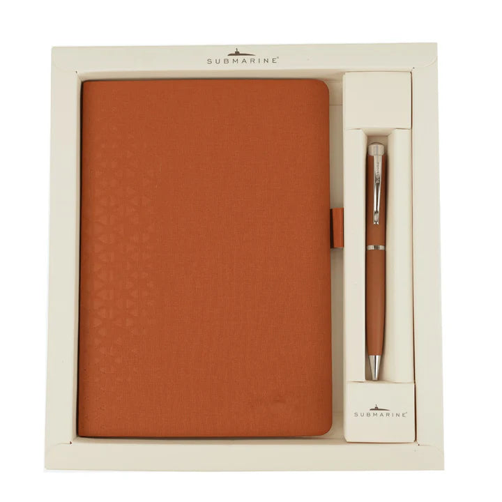 Brown notebook and pen set in a box with 'Submarine' branding.