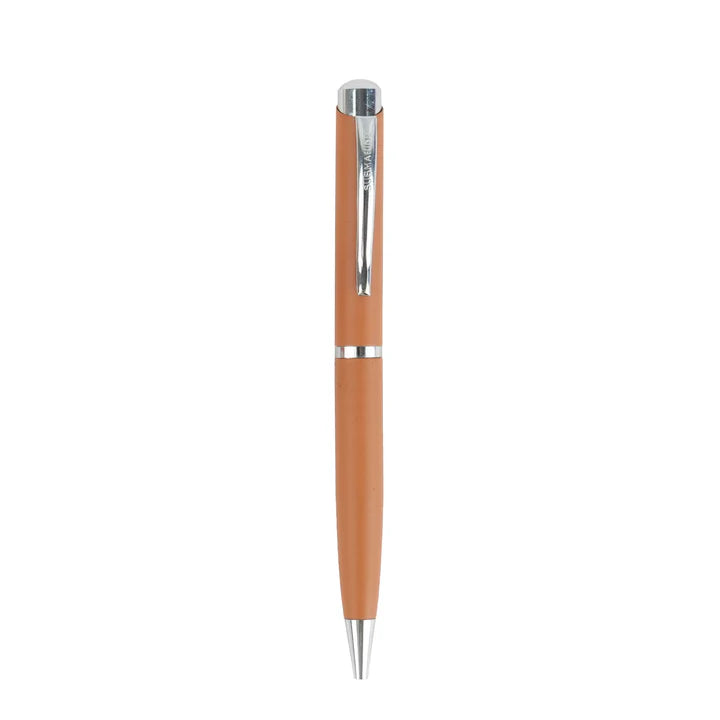 Brown pen with silver accents on a white background