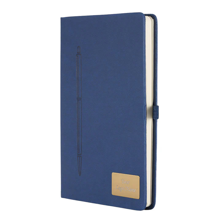 Blue notebook with a pen and gold emblem on a white background