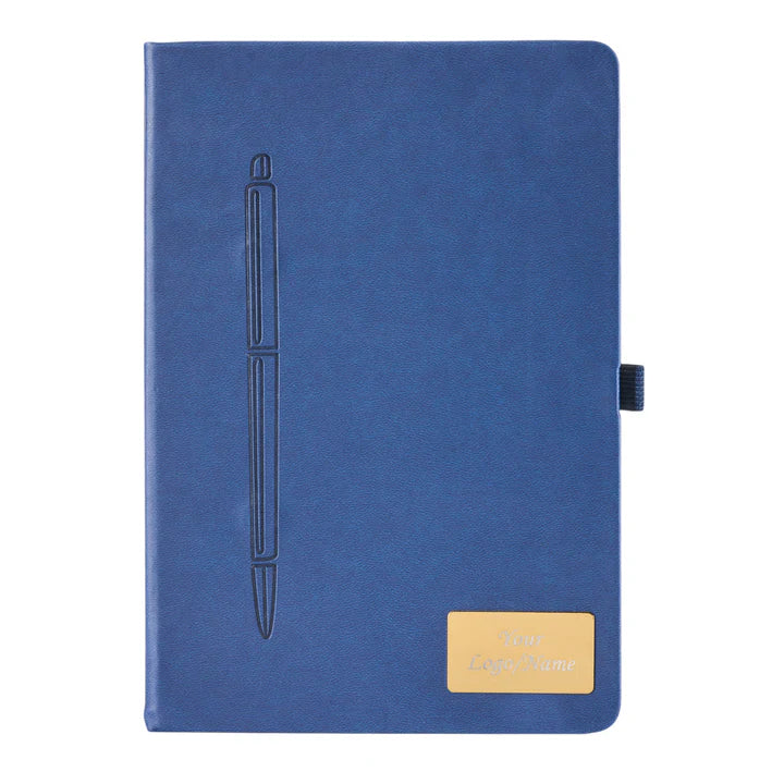 Blue notebook with a pen embossed on the cover and a gold tag on a white background