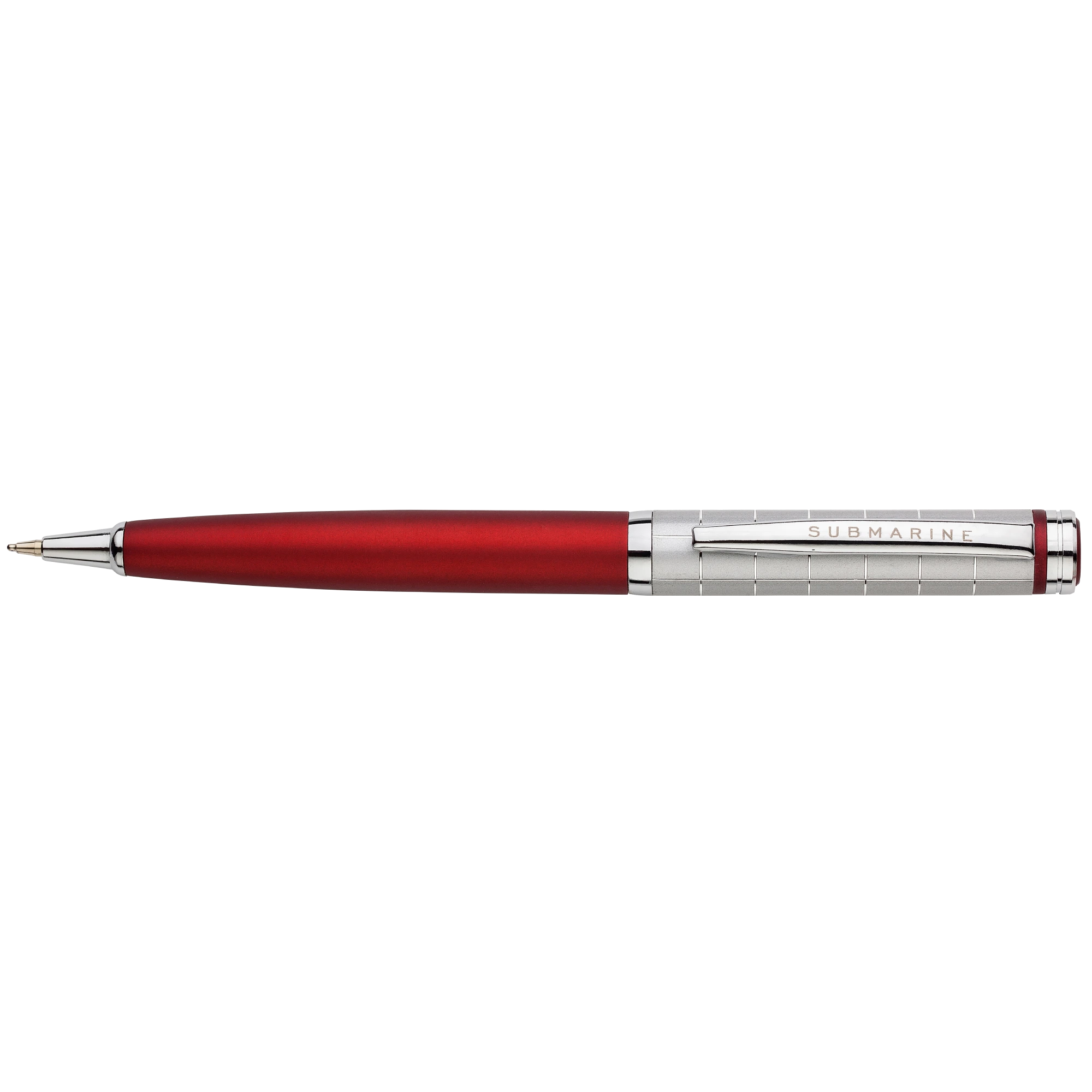 Red pen with silver accents on a white background