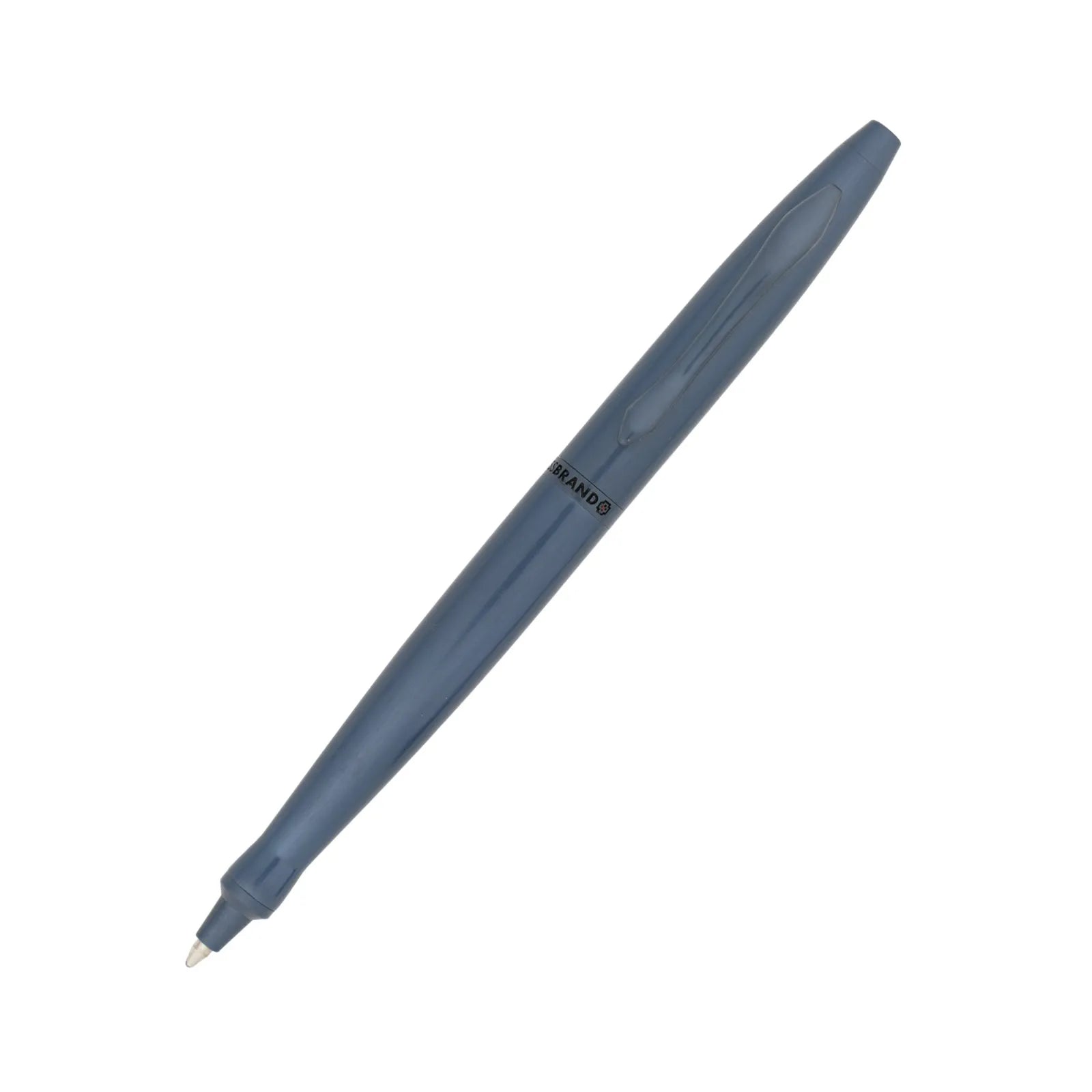 Blue pen with a visible brand logo on a white background