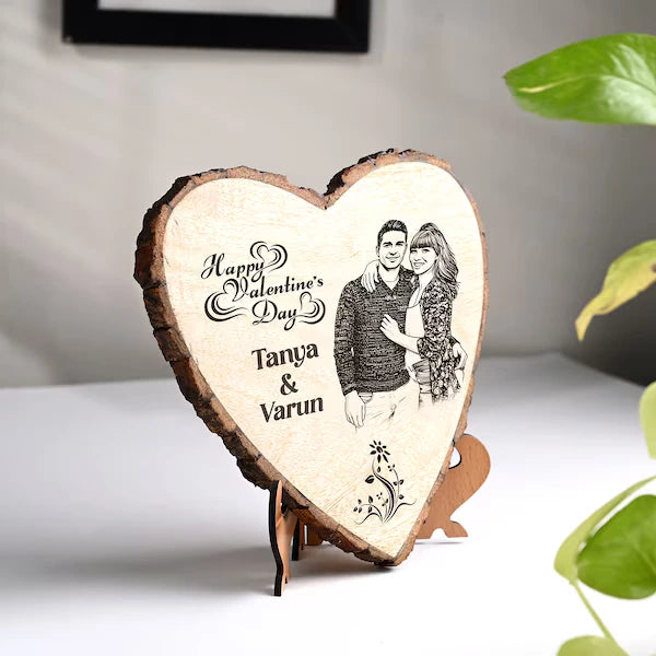 Side view of personalized heart shape wooden plank featuring custom photo and names, perfect for Valentine's Day decor or gift.