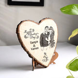 Side view of personalized heart shape wooden plank featuring custom photo and names, perfect for Valentine's Day decor or gift.