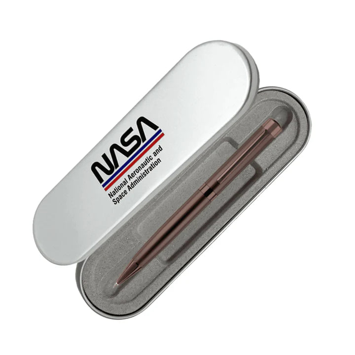 Rose gold pen in a NASA branded case on a white background