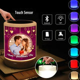 Personalized Bluetooth speaker for Valentine with LED light, touch sensor, and custom couple photo, ideal for romantic gifting.