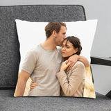Personalized couple picture cushion in 12x12 inch square design, perfect for Valentine's Day or Hug Day gifting.