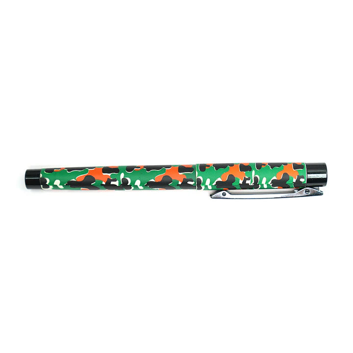 Camouflage-patterned pen on a white background