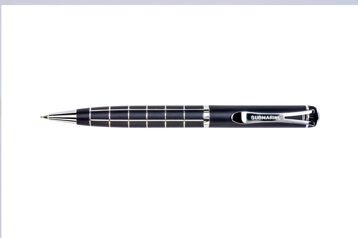 Black pen with silver accents on a white background