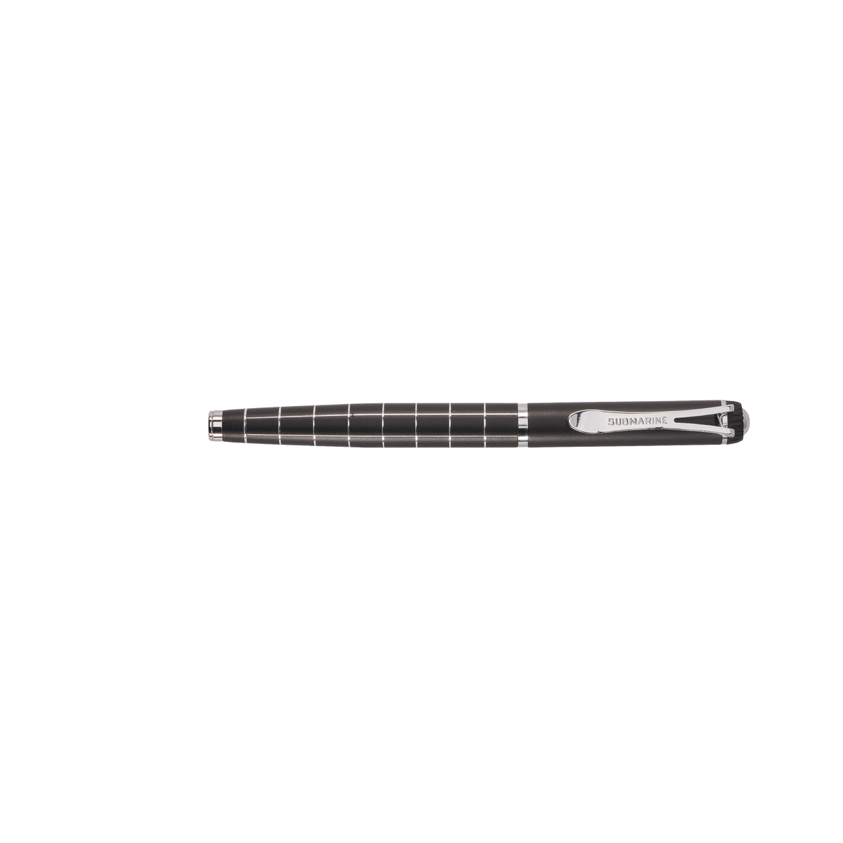 Black pen with a silver clip on a white background